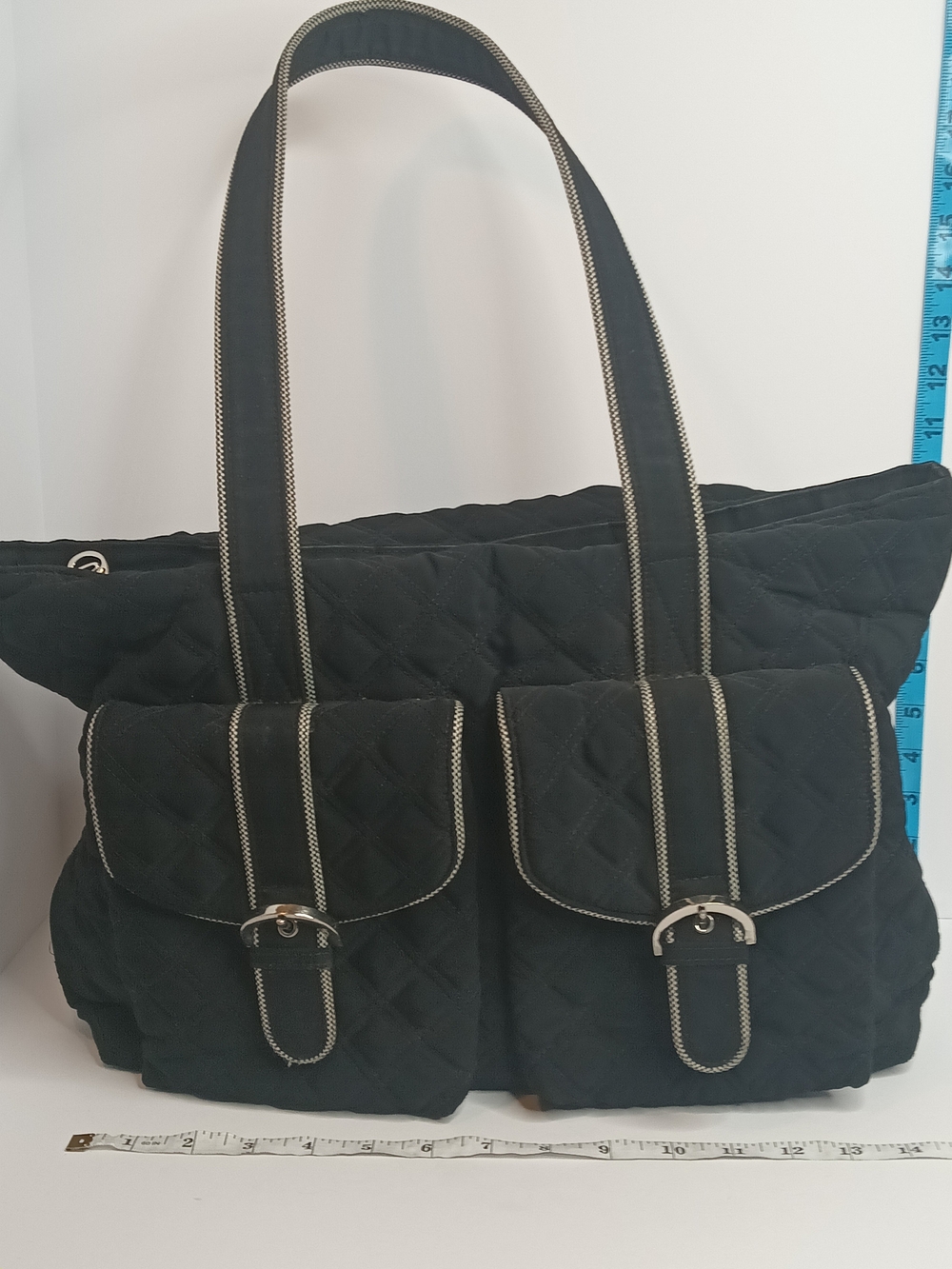 Vera Bradley Black Quilted Tote with Front Buckle Pockets
